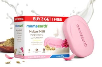 Mamaearth Multani Mitti Moisturizing Lotion Soap with Multani Mitti & Rose for Oil Control & Acne (3 + 1 Free) (125 gm x 4) | Benefits of Lotion | Deeply Cleanses & Moisturizes | Grade 1 Acne soap