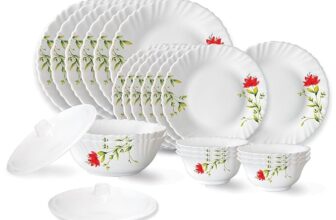 Larah by Borosil Oriental Fluted Series Opalware Dinner Set | 23 Pieces for Family of 6 | Microwave & Dishwasher Safe | Bone-Ash Free | Crockery Set for Dining & Gifting | Plates & Bowls | White