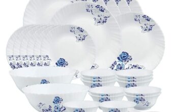 Larah by Borosil Blue Cascade Opalware Dinner Set, 35 Pcs, White