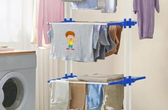 FLIPZON Premium 3 Layer Clothes Drying Stand with Wheels | Foldable Wings | Double Pole Alloy Steel Rack | 360° Rotatable Hanger Rods | Portable Balcony Laundry Dryer (White & Blue)