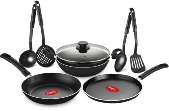 Pigeon Mio Nonstick Aluminum Cookware Gift Set, Includes Flat Tawa, Fry Pan, Kadai with Glass Lid, Kitchen Tool Set, Black, 8 Pieces