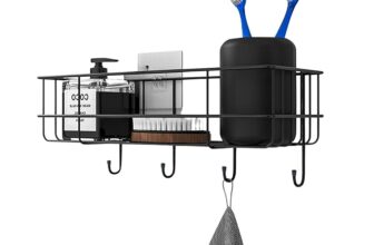 RAYMOX Pack of 2 Stainless Steel Bathroom Shelf for Wall, Self Adhesive Bathroom Organiser, 4 Hooks for Towel Holder, Space-Saving Wall Mounted Bathroom Shelf with Elegant Design