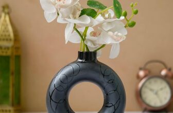 Modern Decorative Ceramic Vase for Home Décor | for Kitchen, Office or Living Room | Ceramic Flower Vase | Home Decor Centrepiece, Decor Showpiece Donut Vase (Black_Ring-Design-15)