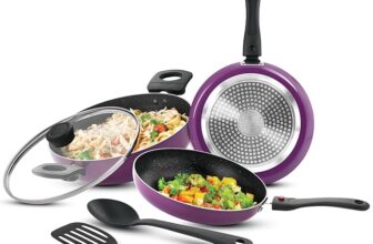 Bergner Sherry Plus Non-Stick 6 pcs Cookware Set – Set of 24cm (2.5L) Kadai with Glass Lid, 24cm (1.6L) Frying Pan, 25cm Dosa Tawa and 2 Nylon Spatula, Detachable Handle (Induction Bottom) – Purple