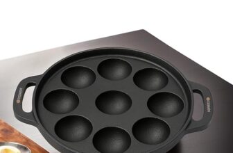 E-COSMOS® Pre Seasoned Cast Iron 9 Cavity Appam Patra, Paniyaram Pan Iron, Appam Pan, Pan Cake, Paddu, Appam Maker, Ponganal Maker, Appe and Litti Maker with 2 Side Handle, 23cm, Black (9 Cavity)