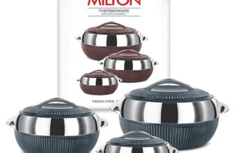MILTON Fiesta Inner Stainless Steel Jr. Casserole Set of 3 (450ml, 830ml, 1370 ml) | PU Insulated Kitchen Hot Pot | Keeps Food Hot & Fresh for Roti, Biryani | Food Grade, Thermal Serving Bowl | Grey