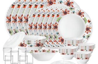 Larah by Borosil Silk Series Bali Opalware Dinner Set with Vision Glass | 35 pcs for Family of 6 | Microwave & Dishwasher Safe | Plates & Bowls | Crockery for Dining & Gifting | Floral Pattern