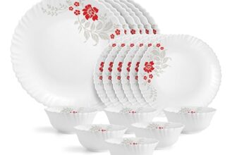 CELLO Scarlet Bliss Dazzle Series Opalware Dinner Set of 18 Pieces for Family of 6 | Bone-Ash Free & Leadfree Opal Glass, Microwave & Dishwasher Safe, Plates & Bowls Crockery Set for Dining & Gifting