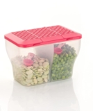 HAPPI Multipurpose Plastic 2 in 1 Masala Box for Kitchen, Spice Boxes for Kitchen, Transparent 2 Compartment Storage Containers Airtight Grocery, Dry Fruits Box 2000 Ml with 2 Spoons(Pink)
