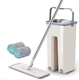 QWEBARS Heavy Quality Floor Mop with Bucket, Flexible Kitchen tap Flat Squeeze Mop Bucket System Cleaning Supplies 360 Flexible Mop Head/ 2 Reusable Pads Clean