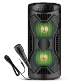 Krisons Rockstar 4″ Double Woofer 30W Multi-Media Bluetooth Party Speaker with Wired Mic for Karaoke, RGB Lights, USB, SD Card and FM Radio