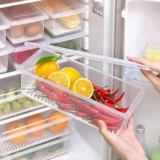 FIGMENT Plastic Fridge Storage Boxes, Fridge Organizer With Removable Drain Plate Tray Keeps Fruits, Vegetables, Meat, Fish Fresh Longer (Clear-2 Pcs, 1500ml)
