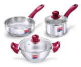 Prestige Stainless Steel 3 Pc Cookware Set with 2 Glass Lids | Platina Popular | Fry Pan 22cm/1.9L | Kadai 22cm/2.25L | Sauce Pan 16cm/1.5L | Gas & Induction Compatible |TRIPLY Base |5Y Warranty |ISI
