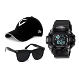 Combo Pack of 3 Stylish Dial Watch, Stylish Sport Baseball Cap & Stylish Aviator Wayfarer Sunglass for Men’s and Boy’s (Pack of 3) PTHK-1747