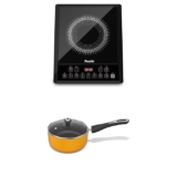 Preethi Indicook IC124 Induction Cooktop, 2100-Watt Electric Stove|Soft Touch Buttons|Crystal Glass (Black) with Preethi Dura Nonstick Milkpan 16cm