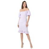 Campus Sutra Women’s Lilac Puff-Sleeved Creased Dress for Casual Wear | Off-Shoulder | Short Sleeve | Pull On Closure | Dress Crafted with Comfort Fit for Everyday Wear