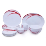 Larah by Borosil Red Stella Moon Series Opalware Dinnerset | 21 Pieces for Family of 6 | Microwave & Dishwasher Safe | Bone-Ash Free, Crockery Set for Dining & Gifting | Plates & Bowls, White