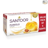 Santoor PureGlo Glycerine Soap with Almond Oil and Glycerine, 125g (Pack of 6) for Nourished Glowing Skin