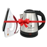 SINGER Dry Iron (1000W) with Teflon Coated Soleplate & 1.5L Stainless Steel Kettle (1350W) Combo Pack | Thermostat Control | Overheat Protection | Cool Touch Body | Home & Kitchen Appliance Set
