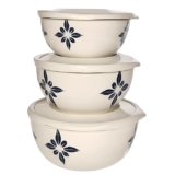 Zaib Stainless Steel Microwave Safe Euro Mixing Bowl Set with Lid | Pack of 3- Capacity (500ml, 800ml, 1250ml) | Snap-Fit Lid (Classic Ivory Star) (Classic Ivory)