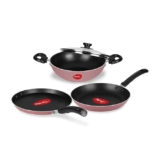 Pigeon Basics Non Induction Base Nons tick Aluminium Cookware set, including Nonstick Dosa Tawa, Nonstick Kadai With Glass Lid, and Nonstick Frying Pan, (Pink)