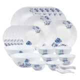 Larah by Borosil Blue Cascade Opalware Dinner Set, 35 Pcs, White