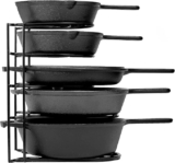 Dime Store Iron Portable Pot & Pan Rack Organizer – 5 Tier Holder for Cast Iron Skillets, Griddles & Shallow Pots – Black (Half Round, Floating Shelves)