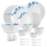 Cello Opalware Dazzle Series Blue Swirl Dinner Set, 35 Units | Opal Glass Dinner Set for 6 | Light-Weight, Daily Use Crockery Set for Dining | White Plate and Bowl Set