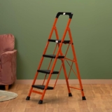 BonKaso Premium Steel Multipurpose Climb Easy Anti-Slip 4-Step Foldable Ladder with Safety Clutch Lock, Support Handle and Tool Tray for Home – (Orange & Black)