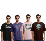 Cotton Blend Oversized Baggy Fit Half Sleeve Printed Round Neck Multicolor Drop Shoulder T-Shirt for Mens & Boys (Pack of 4)