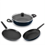 Butterfly Rapid Non Stick 3 Pcs Set | Kadai with Glass Lid | Tawa | Fry Pan | Gas Stove Compatible | PFOA Free | Scratch Resistant | for Curry, Dal, Rice, Biryani, Roti/Dosa | Non IB | Blue