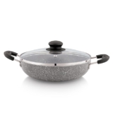 Amazon Solimo Non-Stick Kadai with Glass Lid | Granite Finish | Induction Base | PFOA Free | High Temperature Resistant Exterior Coating | 22 cm | Grey