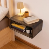 UHUD CRAFTS Floating Wooden Bedside Shelf, Wall Mounted Nightstand, Bedside Table, Nightstand Shelf, Handmade, Floating Wooden Wall Shelf for Storage, 2- Tier Solid Wood Shelf – Dark Burnt