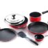 Crystal Classic Series 7-pc Non-Stick Induction Bottom Cookware Set, PFOA Free, Tawa, Fry-Pan, Kadhai with Glass Lid, Sauce Pan with 2 Serving Spoons, Red,Aluminium, 7