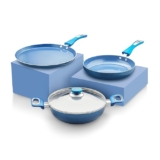 Amazon Solimo Blue Ceramic Non Stick 4 Pcs Induction Base Cookware Set (24cm Fry Pan, 24 cm Kadai, 28cm Tawa, with 1 Common Lid)