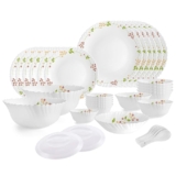 Cello Opalware Dazzle Series Secret Garden Dinner Set, 35 Units | Opal Glass Dinner Set for 6 | Light-Weight, Daily Use Crockery Set for Dining | White Plate and Multipurpose Bowl Set