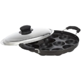 Amazon Brand -Solimo Aluminium Non-Stick Appam Patra – 12 Cavities 22.8 cms | 2 Side Handles with Stainless Steel Lid | 2-Layered PFOA, PFOS and Toxin-Free Coating | Appam Pan | Litti Maker (Black)