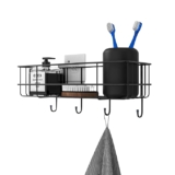 RAYMOX Pack of 2 Stainless Steel Bathroom Shelf for Wall, Self Adhesive Bathroom Organiser, 4 Hooks for Towel Holder, Space-Saving Wall Mounted Bathroom Shelf with Elegant Design