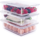 Square Fridge Storage Boxes, Fridge Organizer with Removable Drain Plate & Lid, Stackable Portable Freezer Storage Containers Tray To Keep Fresh for Fish, Meat, Vegetables, Fruit, 2500ml (3)