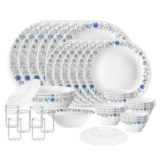 Larah by Borosil Silk Series Blue Iris Opalware Dinner Set with Vision Glass | 35pcs for Family of 6 | Microwave & Dishwasher Safe | Bone-Ash Free | Crockery for Dining & Gifting | White, Plate & Bowl