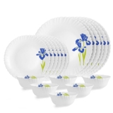 Cello Opalware Dazzle Series Blue Iris Dinner Set, 18 Units | Light-Weight, Daily Use Crockery Set for Dining | White Plate and Bowl Set