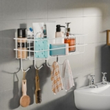 Kuber Industries Metal Self Adhesive Bathroom Organiser with Drill Screws & 4 Hooks | Bathroom Shelf for Wall Adhesive | Bathroom Stand/Rack for Shampoo | Bathroom Accessories Holder | White