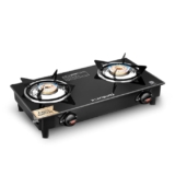 Longway Furn Glass Top, 2 Brass Burner Auto Ignition LPG Gas Stove (Black, ISI Certified, 1 Year Warranty)