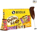 Bevzilla 24 Flavoured Coffee Sachets & Frother Coffee Kit (24 X 2 Gram Sachets) | Makes 24 Cups | 6 Sachets Each Flavour | Turkish Hazelnut, Colombian Gold, French Vanilla & English Butterscotch | 100% Arabica Coffee
