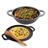 Lifelong Cast Iron Dosa Tawa & Kadai with Wooden Spatula for Dosa,Uttapam & Chapati|30 cm Tawa & 24 cm Kadhai|Pre Seasoned,Non-Stick & Teflon Free|Gas & Induction Stove-Friendly,2 Count,Black
