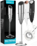 SimpleTaste Electric Milk Frother with Stand, One Touch Handheld Whisk Batteries Powered Cappuccino Coffee Frother Grey, 1 Year Warranty