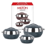MILTON Fiesta Inner Stainless Steel Jr. Casserole Set of 3 (450ml, 830ml, 1370 ml) | PU Insulated Kitchen Hot Pot | Keeps Food Hot & Fresh for Roti, Biryani | Food Grade, Thermal Serving Bowl | Grey