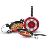Milton Pro Cook Kitchen Pride Set of 3 Non Stick Cookware | Non Induction I Cooking Pan, Kadhai with Lid, Tawa I Maroon