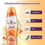 Santoor Beauty Perfumed Talc with Sandalwood Extracts| Sandal, Rose, Musk & Geranium Mint Fragrance| Absorbs Excess Moisture| Dermatologically Tested| For All Skin Types (150g, Pack of 2)