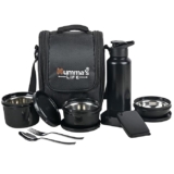 Mumma’s LIFE Lunch Box with Steel Cutlery, 3 Microwave Safe Inner Steel Containers (250ml, 400ml, 600ml) Plastic Chutney Dabba 130ml, Steel Bottle 750ml with Insulated Bag, Office Tiffin, Black